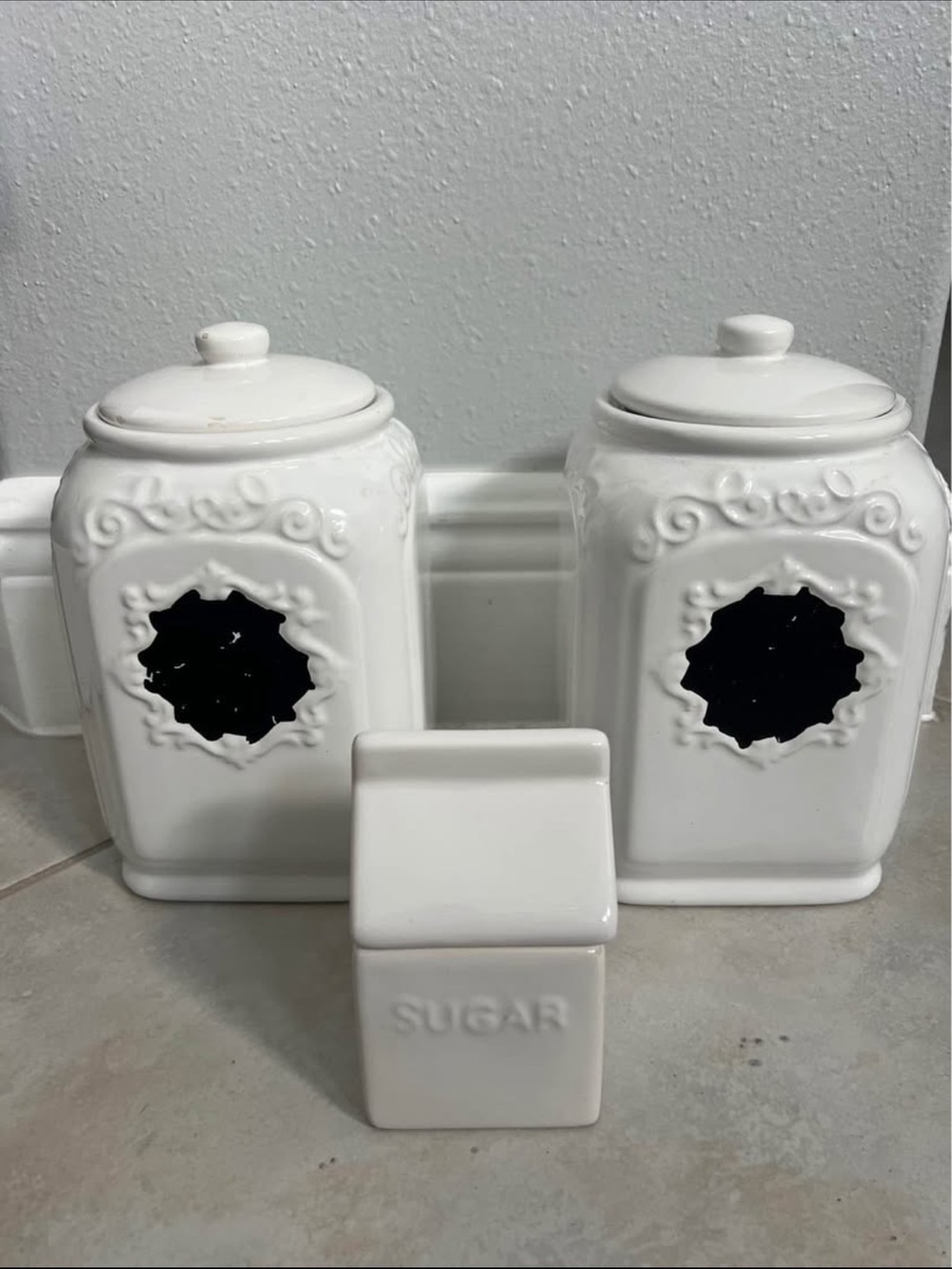 Set of 3 White Ceramic Kitchen Canisters – Chalkboard & Sugar Jar